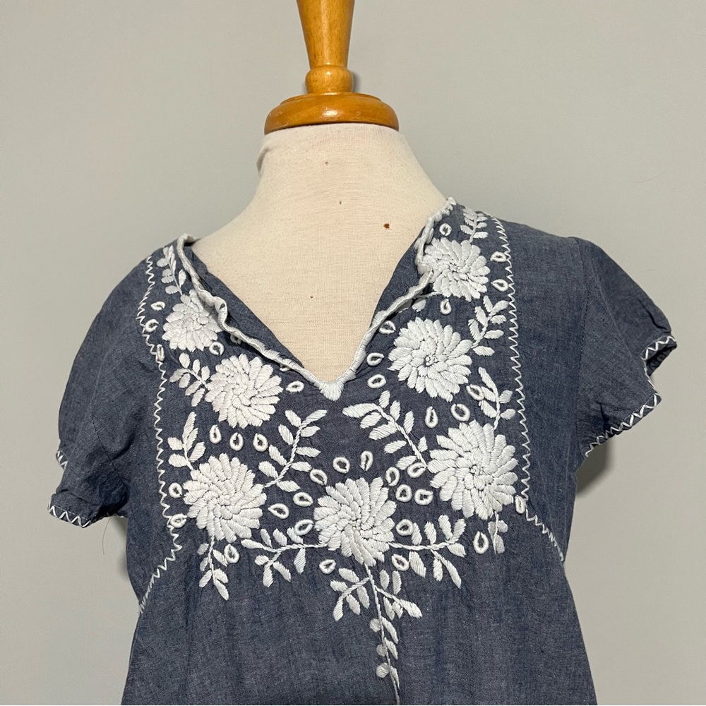 Abrazo Blue Mariano Chambray White Embroidery Shift Dress Size L - Picture 5 of 13